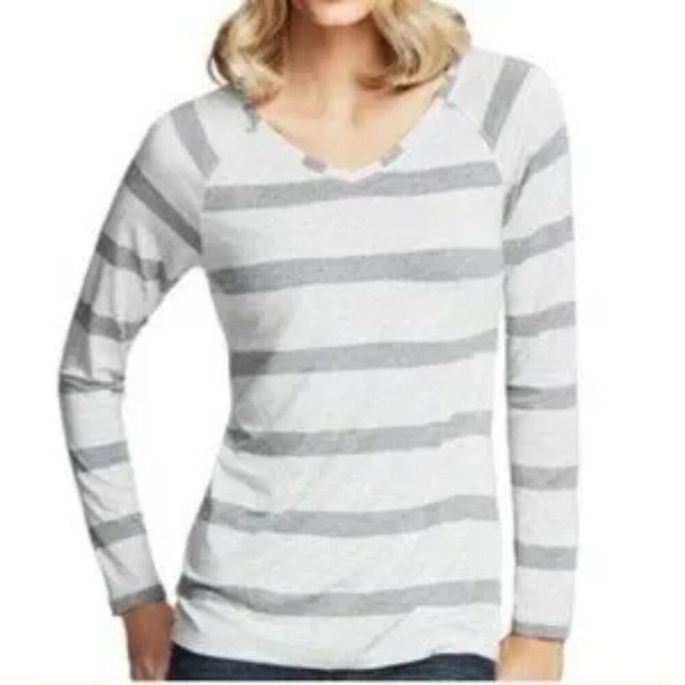 CAbi Gray Striped Long Sleeve V-neck Serenity Tee #940 Womens Small